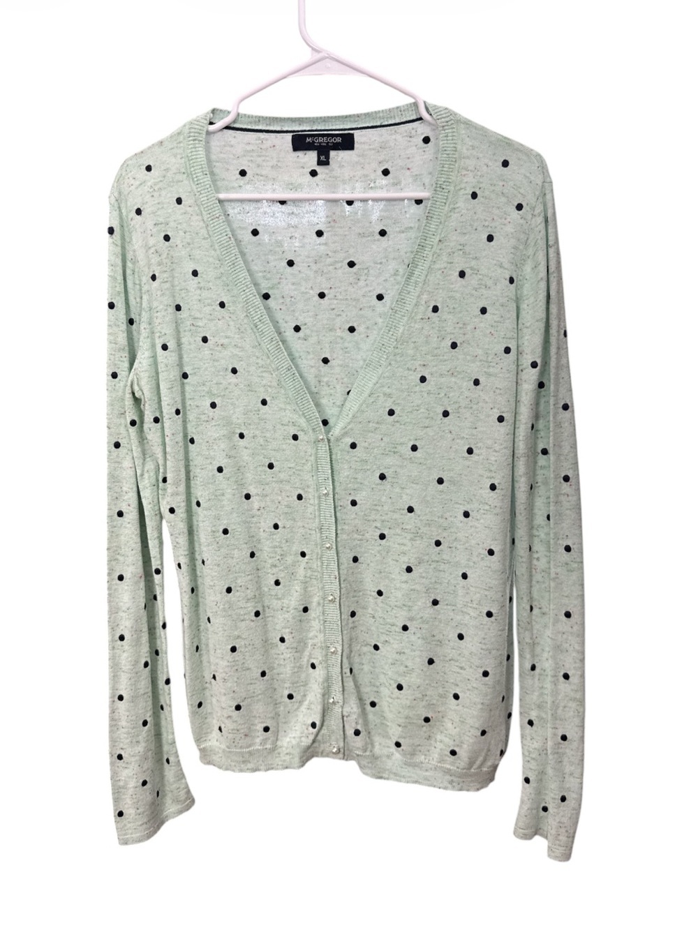 McGregor Mint Green Tweed Polka Dot V-Neck Cardigan Sweater Pearl Button XL NWOT - Picture 2 of 6